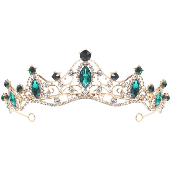 Barok Rhinestone Tiara Krone Hår Tilbehør til Brude, Guldbase Smaragd-farvede Ædelstene Bryllupshårbånd Brude