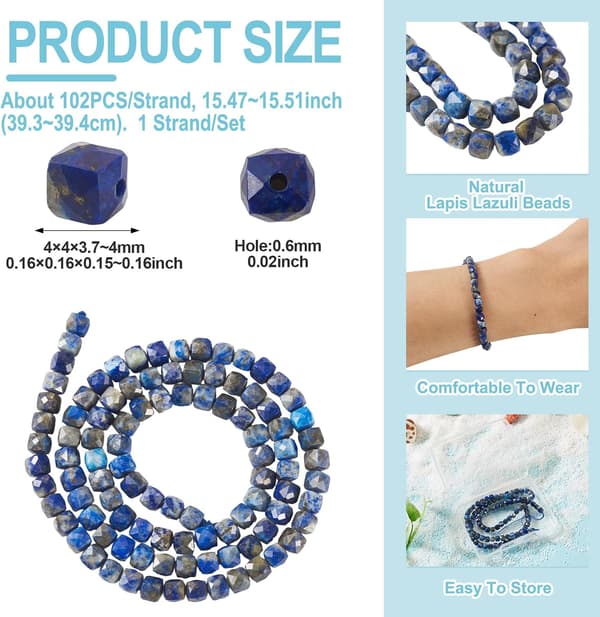 1 tråd naturliga kub Lapis Lazuli pärlor 4mm stenpärla | Blå Blue 3
