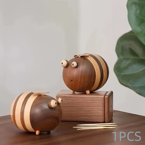 Bee-shaped Wooden Toothpick Holder, Decorative Log Material Dispenser for Home Table, Cute Design