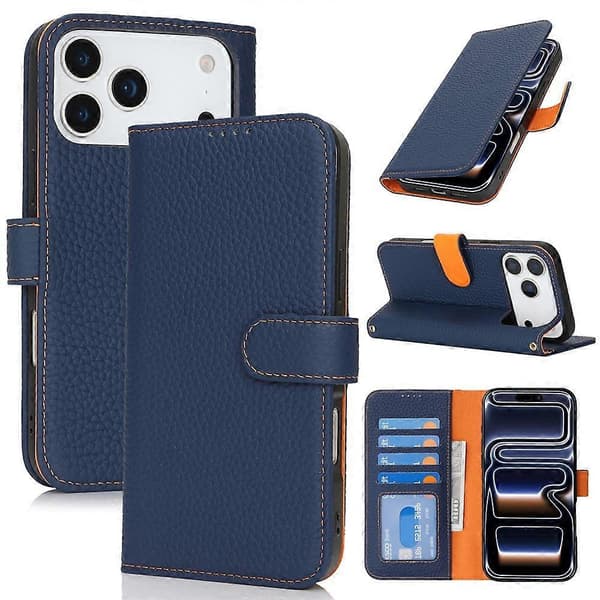 Compatible for iPhone 17 Pro Stand Case Litchi Texture Genuine Leather Wallet Phone Case RFID Blue Blue