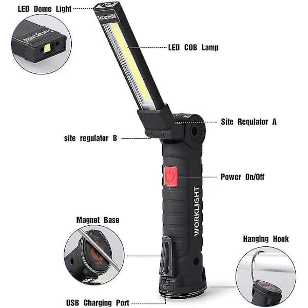 【PP】LED Work Light Rechargeable LED Inspection Lamp Magnetic Base 5 Modes For Garage, Camping, Small Emergency Light, 2-pack