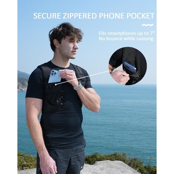 Unisex Lightweight Running Vest (Black), Soft Flasks Not Included; A Breathable Hydration Backpack Suitable for Marathons.