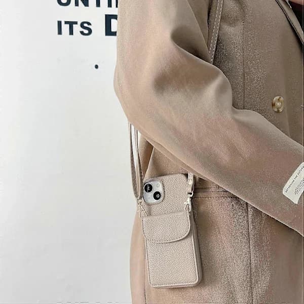 (Pow Yeah!) Crossbody Phone Case for iPhone 15, Card Holder PU Leather Coated PC Shell with Shoulder Strap