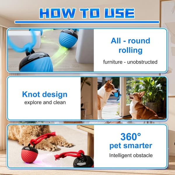 Interactive Dog Ball, Smart Rolling LED Ball with Rope, Random Motion, USB Rechargeable, for Small to Medium Dogs, Red