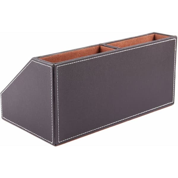 Multifunctional storage box in wood and leather structure for desk or table, pen holder, mobile phone (brown)