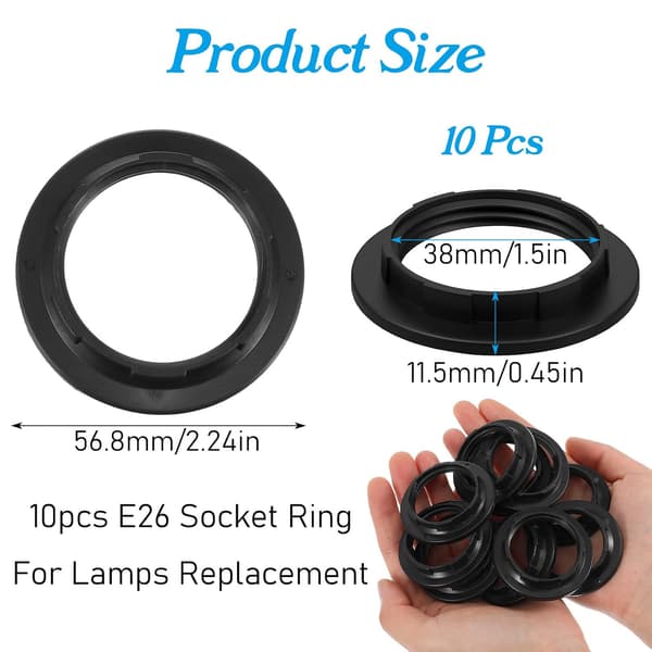 10 st svarta lampskärmsadapterringar, E26 E27 sockelringar PET-plast för lampor med 1,5 tums innerdiameter