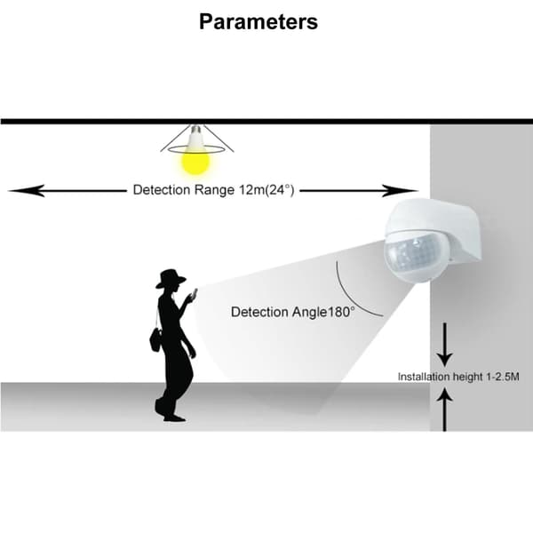 Indoor/Outdoor PIR Infrared Motion Sensor, IP44 Waterproof, Detection Range up to 12m at 180°, White