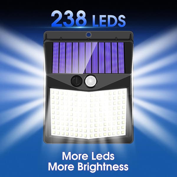 238 LED Solcellelamper for Sikkerhet med 3 Lysmoduser, Bevegelsessensor, 270° Bred Vinkel, IP65 Vanntett, Solcellelampe for Vegg (2-pakning)
