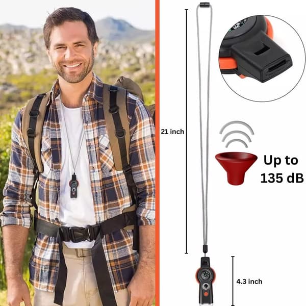 Emergency Survival Whistle 2 Pack 7 in 1 Safety Whistle with Compass Thermometer LED Light Magnifier Reflector