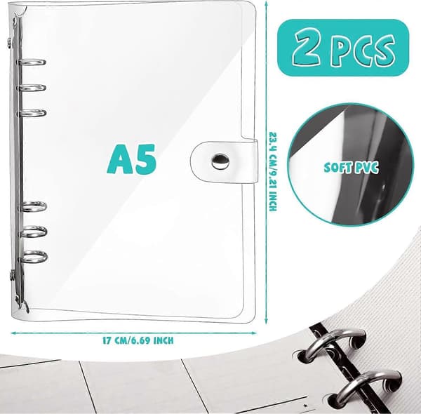 2-pak A5 Transparent Blød PVC 6-Huls Ringbind Notesbog Omslag med Lukning