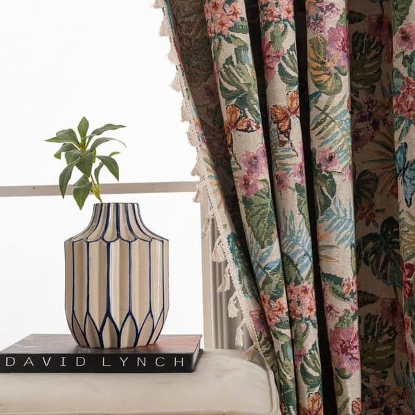 Jacquard bomullsgardin med blad- og blomstermønster - 1 lysreduserende panel - 150 x 160 cm
