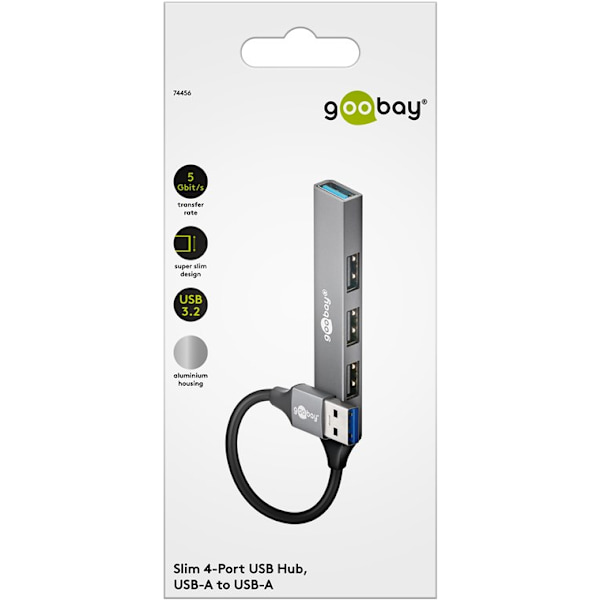 Slank USB-hub med 4 porter, USB-A til USB-A, 5 Gbit/s Ljusgrå