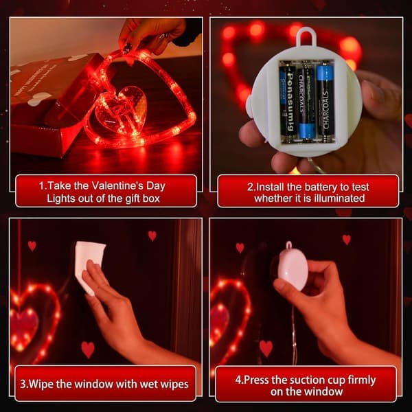 Valentine's Day Window Lights 3-Pack Timer Battery Hanging Heart Silhouette Suction Cup [Ho]