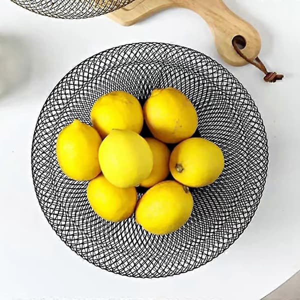 Fruktskål, metallnät fruktskål, fruktfat, rund guld retro järn, snacksförvaring, för köksbänkar bord (Svart)