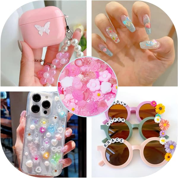 30g Selvlysende Harpiks Slim Charms Tilfældigt Blandede Lysende Blomster Cabochons 3D Søde Blomster Flatback Perler til Neglekunst Håndværk Scrapbog Pink