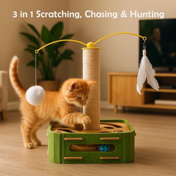 3-in-1 Interactive Cat Toy - Activity Station with Feather Track, Scratching Post & Spinning Ball for Indoor Cats & Kittens