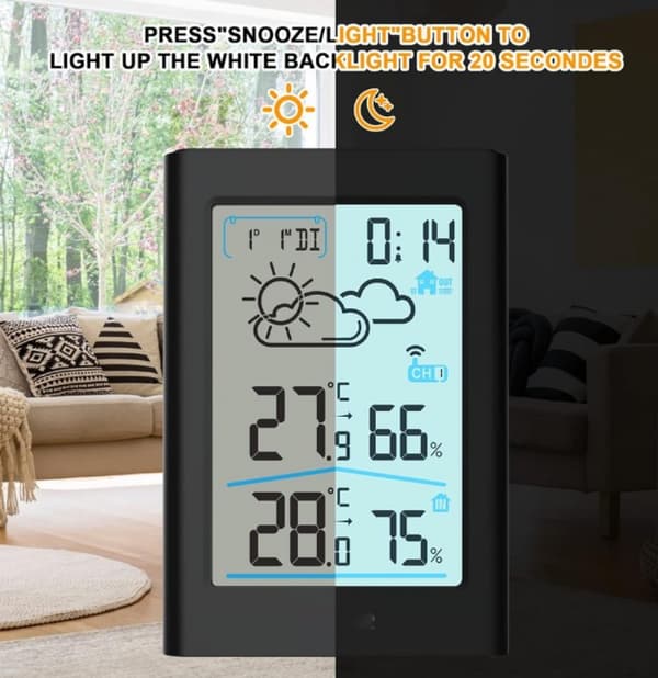 Noir Trådløs værstasjon, termometer hygrometer barometer innendørs utendørs med LED-sensor