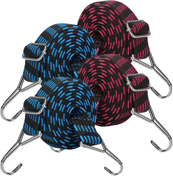 This set of 4 adjustable elastic cords with hooks is ideal for transporting goods, bicycles, etc.