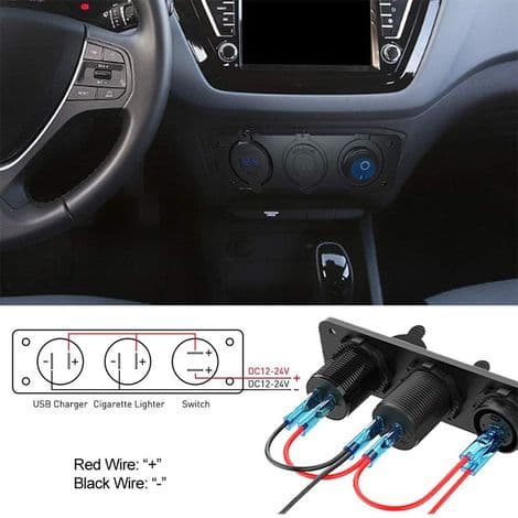 Dual USB Car Charger Socket Panel with 12V Cigarette Lighter Socket Splitter, LED Voltmeter and Independent Switch