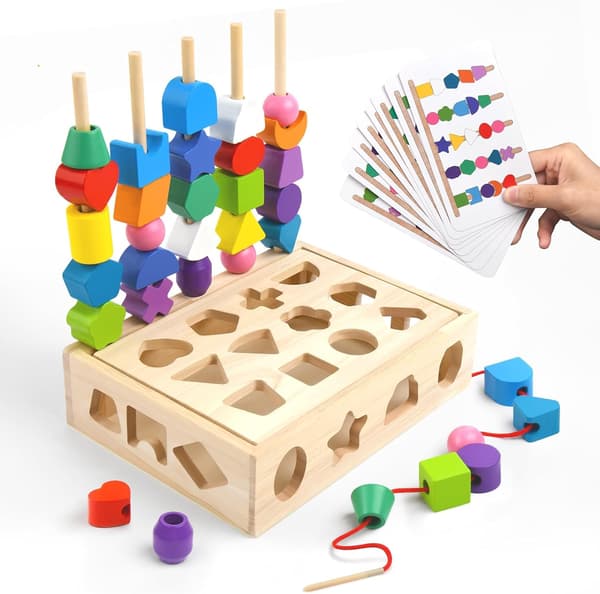 3-i-1 Montessori Trælegetøj | Farve- og Formsorterer, Stabeltårn & Perlesekvensering for Finmotorik, Alder 3-5