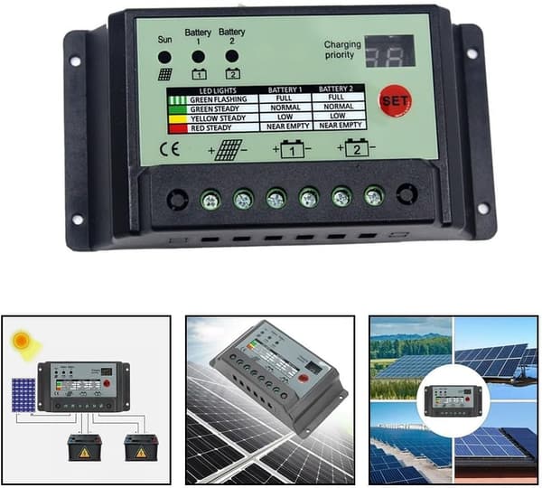 20A batterilading eller batterier dobbel solcellekontroller/regulator for 12V 24V