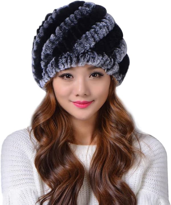 Dame Rex Kaninpels Hatte, Mode Vinter Varm Pels Hue Strik Hue Skihue Sort Medium Black Medium