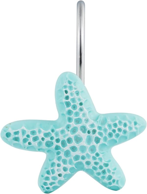 Decorative Resin Blue Starfish Shower Ring, Rust-Resistant Shower Curtain Hooks, Iron Hooks with Chrome Plating, 12-Pack (Blue Starfish)