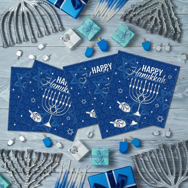 100 st Hanukkah-servetter engångspapper cocktail, blå silver