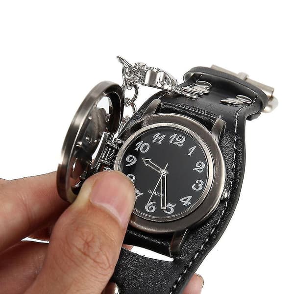 Herr Punk Stil Kvarts Armbandsur Med Fällbart Dödskalle Skydd Kedja Nitar Rem Coola Klockor