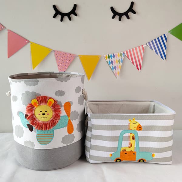 Toy Storage Basket for Kids with 3D Lion, Foldable Cotton Canvas Laundry Hamper with Drawstring and Handles for Nursery, 35x40 cm