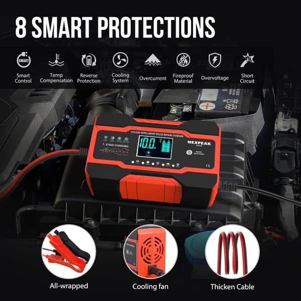 10 amp bilbatterilader, helautomatisk smart batterilader for 12 volt og 24 volt