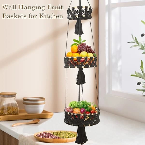 (Pow Yeah!) Hanging Fruit Basket, 3-Tier Tassel Kitchen Hanging Fruit Baskets Storage Basket