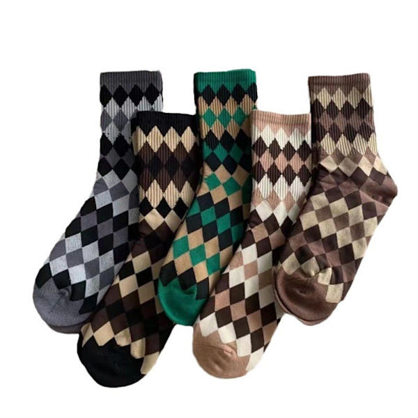 5 Pair Diamond Pattern Cotton Blend Socks - Comfortable and Stylish