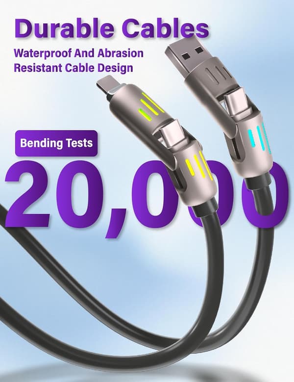 240W 4-in-1 USB-C Cable, Multi-Charger with Breathing Light, PD 5A Fast Charging & Data Sync Silicone Compatible with iPhone Samsung Laptop Grey Grey 2m