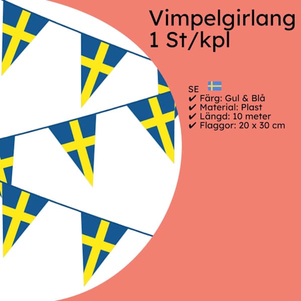 Vimpelguirlande 10m - Gule & Blå Svenske Flag til Nationaldag, Studenterfest, Eksamen & Midsommerfestdekorationer - Guirlander & Vimpler - Studenterfest