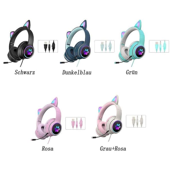 Sammenleggbart spillheadset med katteører, RGB LED-lys, stereolyd, mikrofon, USB 3,5 mm, kablede over-ear spillheadset for barn og voksne