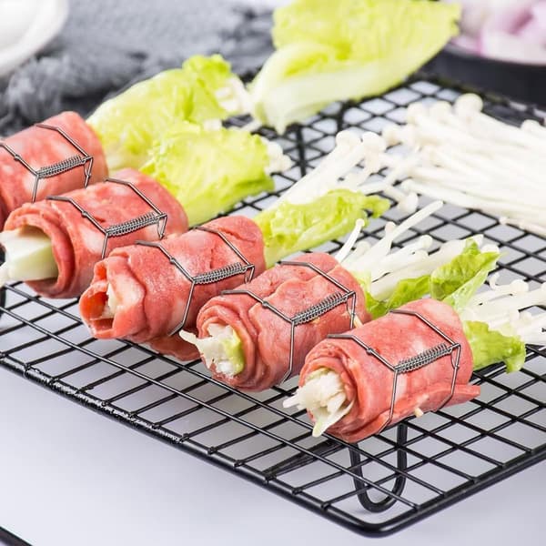 8 kødklemmer med grilltang, ruller i rustfrit stål