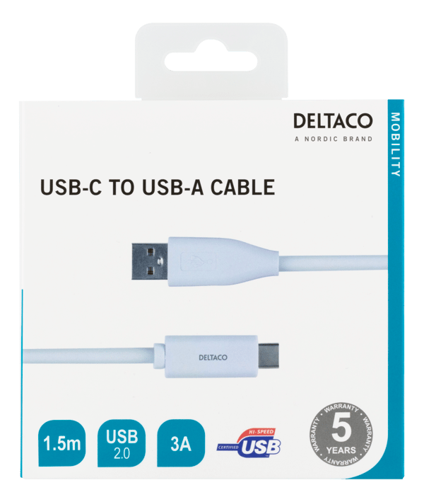 USB-C till USB-A-kabel, 1,5 m, 3A, USB 2.0, vit Vit