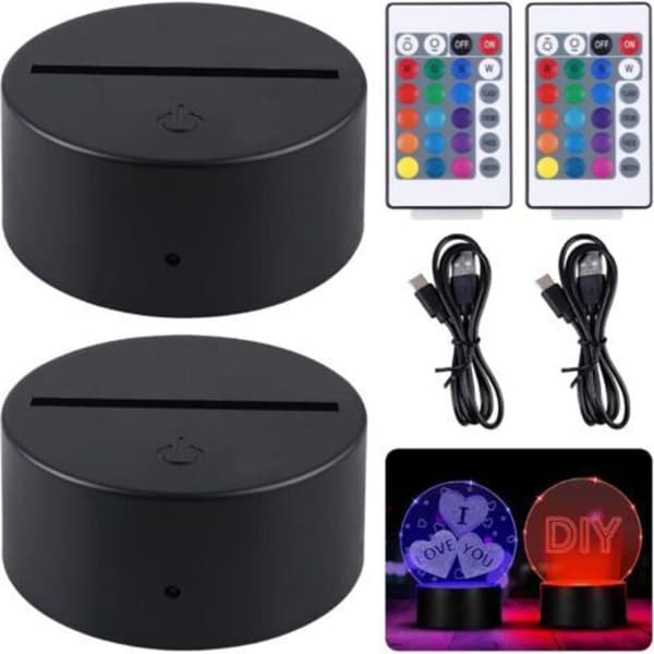 Set of 2 3D Light Bases with Remote Control and USB Cable - 16 Adjustable Colors - Touch Control - LED Night Light for Acrylic and Plexiglass (FMY)