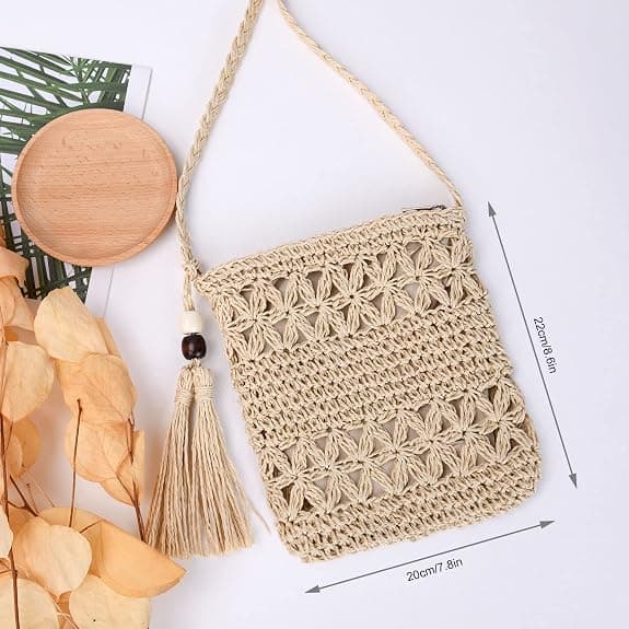 1 stk beige stråtaske til kvinder, håndlavet boheme strand
