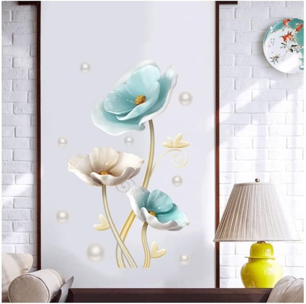Blue Flower Wall Sticker, Butterfly Floral Decal, Peel & Stick M