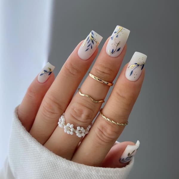 Gold Blue Leaf Press on Nails, Gold Foil Design, Acrylic Nails Glossy Artificial Fingernails Spring Stick on Nails