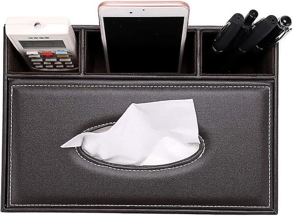 Rectangular PU Leather Tissue Box Cover - Multifunctional Tissue Box Holder with Compartments for Office Supplies, Remote Control, and Decoration