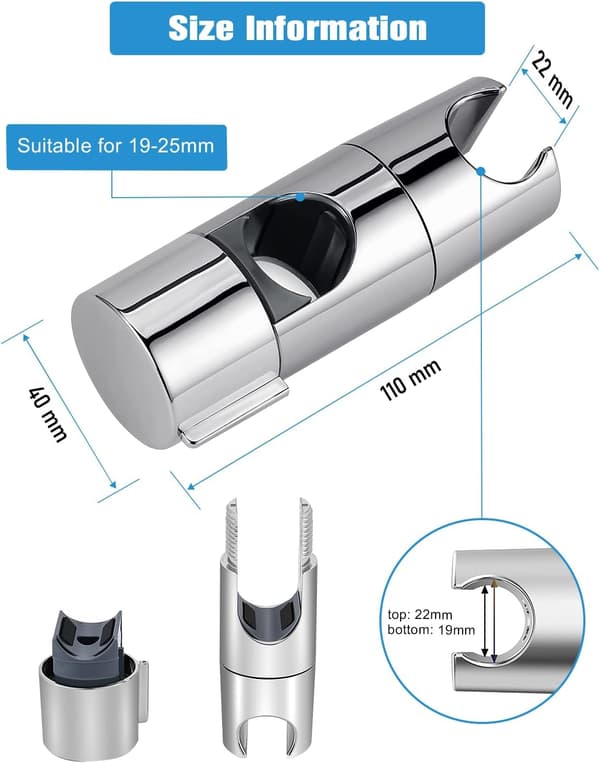 Shower Head Holder Adjustable 19-25mm Slide Bar Bracket, 360° Rotating No Drilling ABS Replacement for Bathroom RV, Chrome