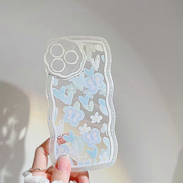 Transparent TPU-mobilcover med hjerteformet sommerfugldesign og perlekæde til iPhone 13 Pro Max