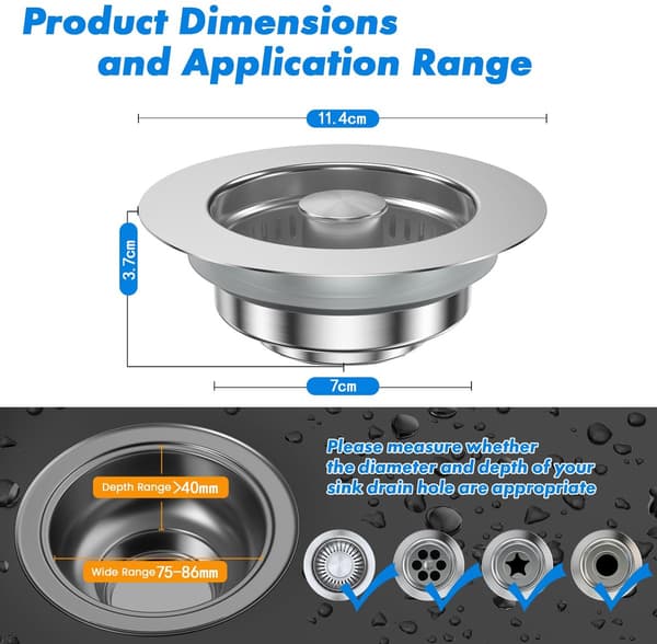 3-i-1 Pop-Up Afløbsprop i Rustfrit Stål - Universal 75-87mm Køkkenafløbsprop med Anti-Tilstopningskurv & Filter, Kromfinish