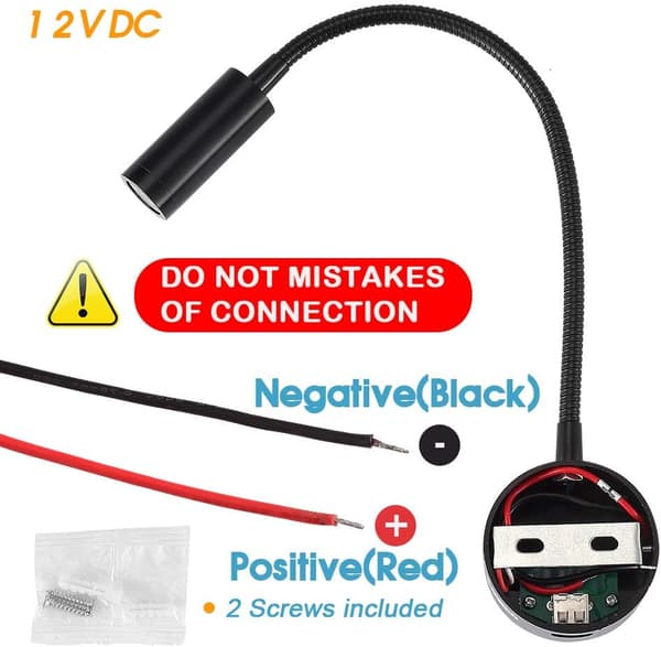 12V DC leselys med USB-ladeport, bobilinteriørbelysning, fleksible LED-lys (svart)