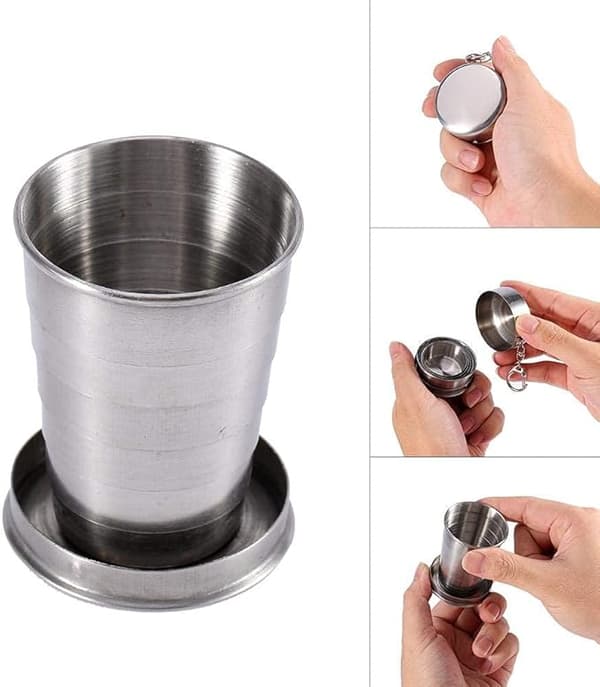 Hopfällbar mugg 150 ml Premium rostfritt stål teleskopisk mugg nyckelring