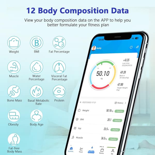 Connected Scale Impedance Meter Scale for iOS and Android with 12 Body Data Fat Mass and Muscles