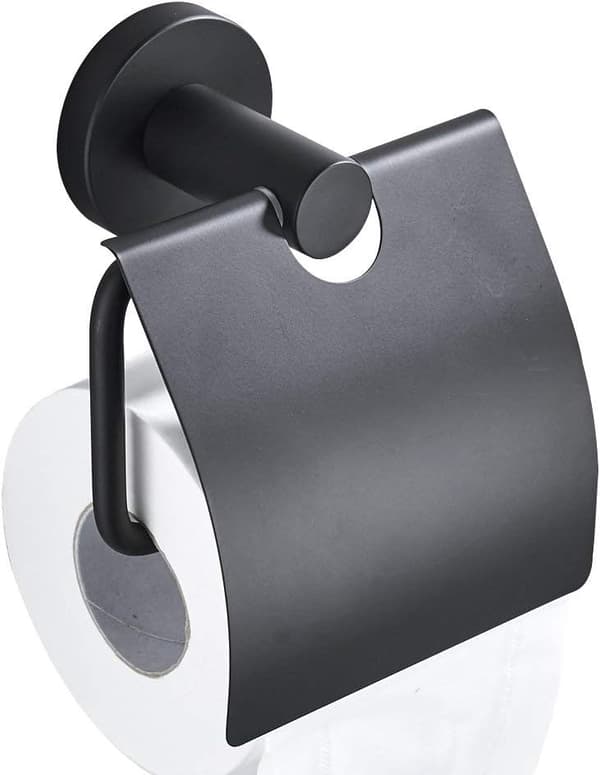 Sort toiletpapirholder med mat rustfrit stål, perforeret væg og låg